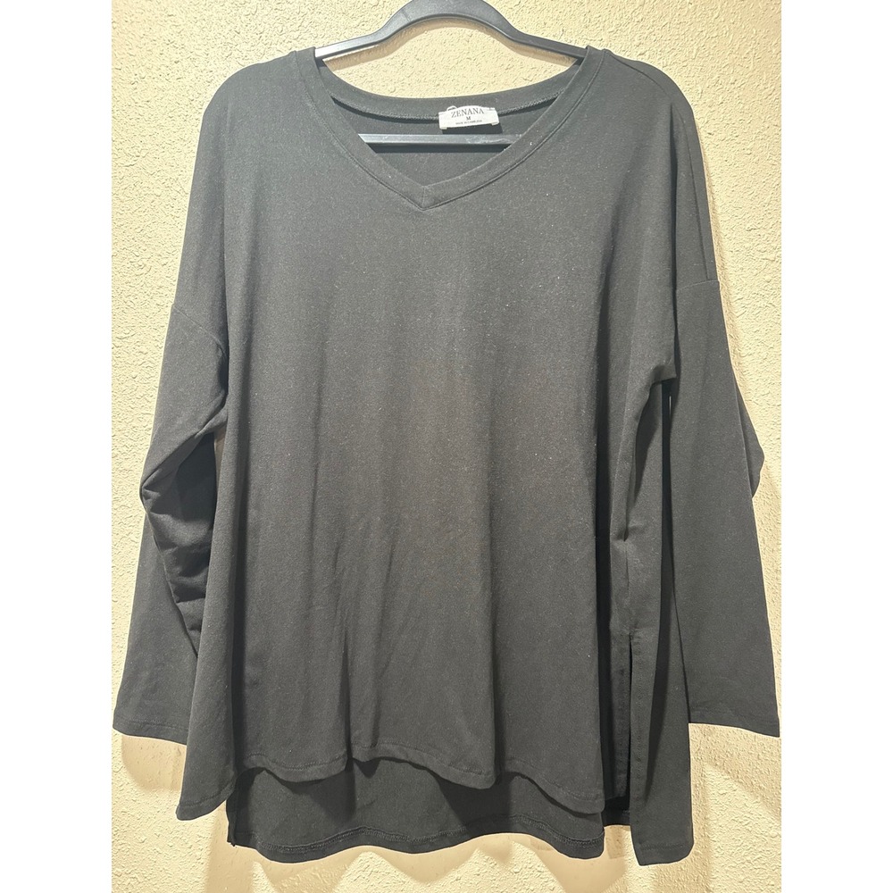 Zenana Womens Black V-Neck Long Sleeve‎ Oversized High Low Hem Tunic Top Size M